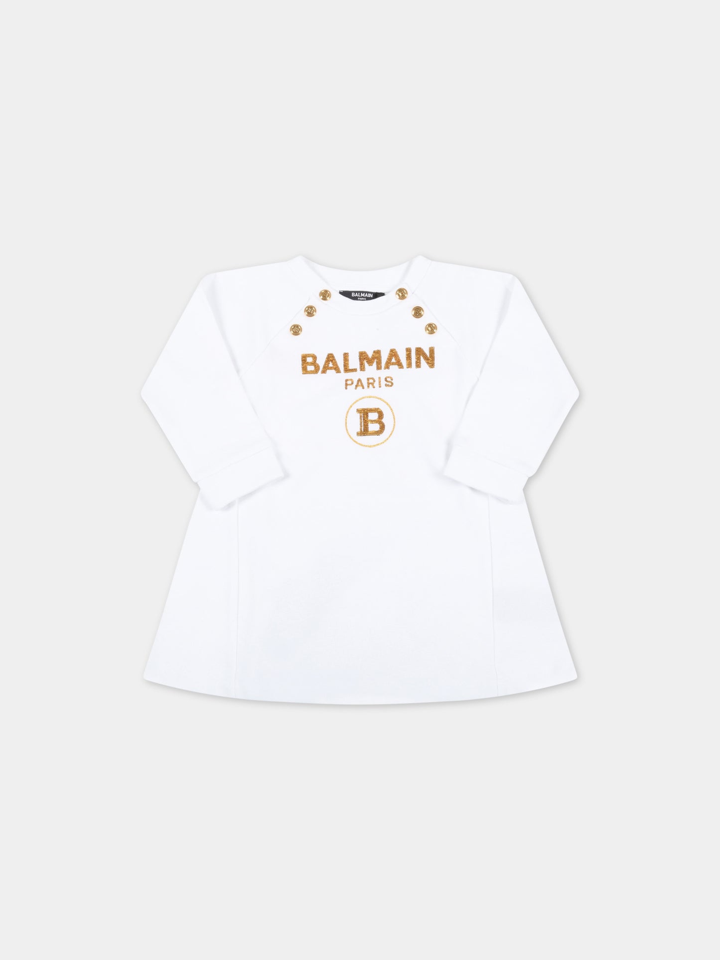 Vestito bianco per neonata con logo dorato,Balmain Kids,6Q1860 F0015 100