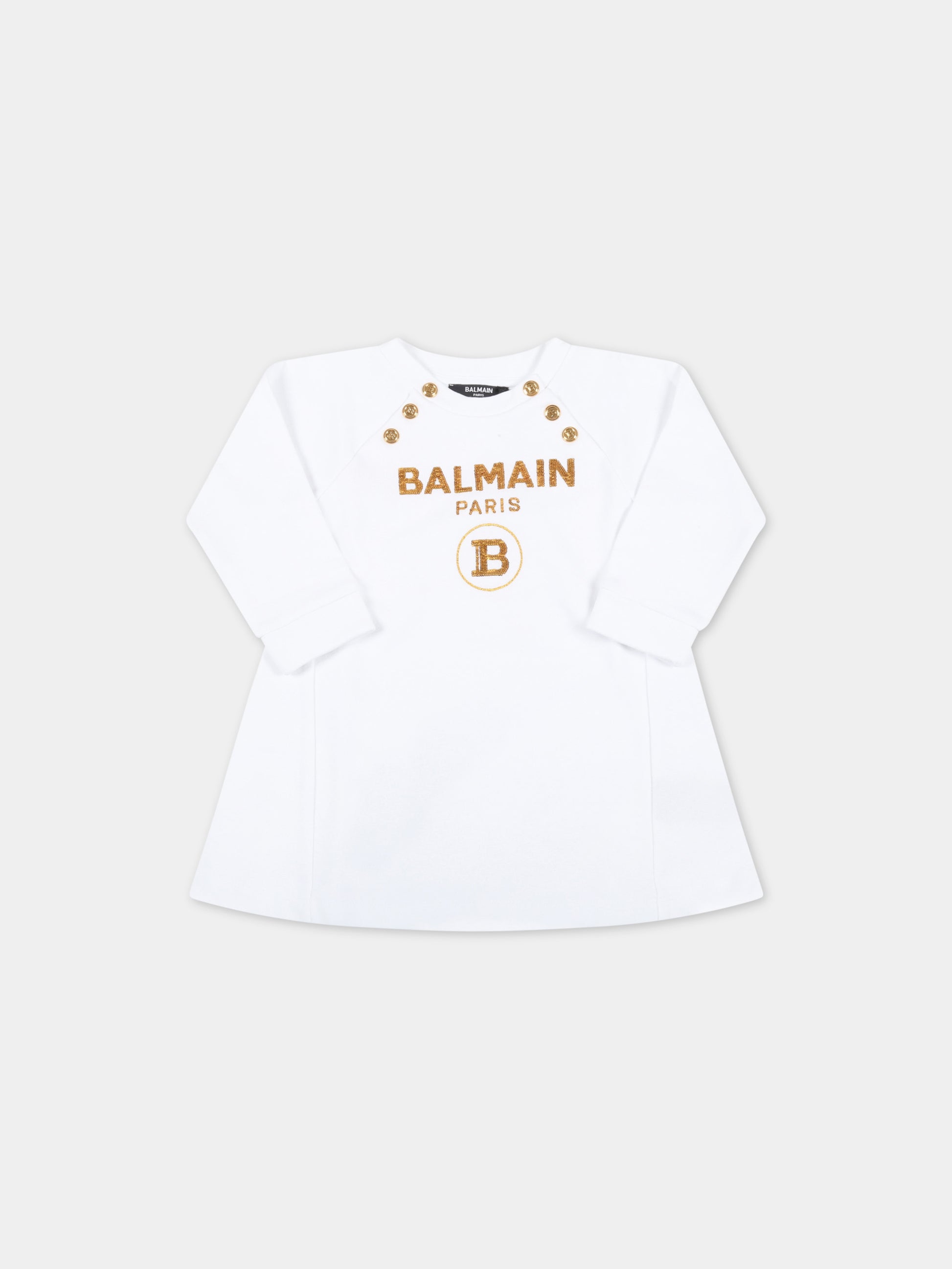 Vestito bianco per neonata con logo dorato,Balmain Kids,6Q1860 F0015 100