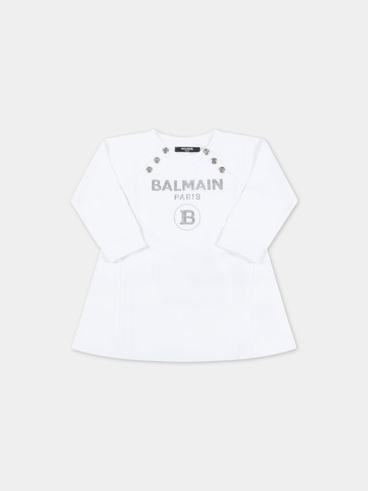 Vestito bianco per neonata con logo argentato,Balmain Kids,6Q1860 F0015 100AG