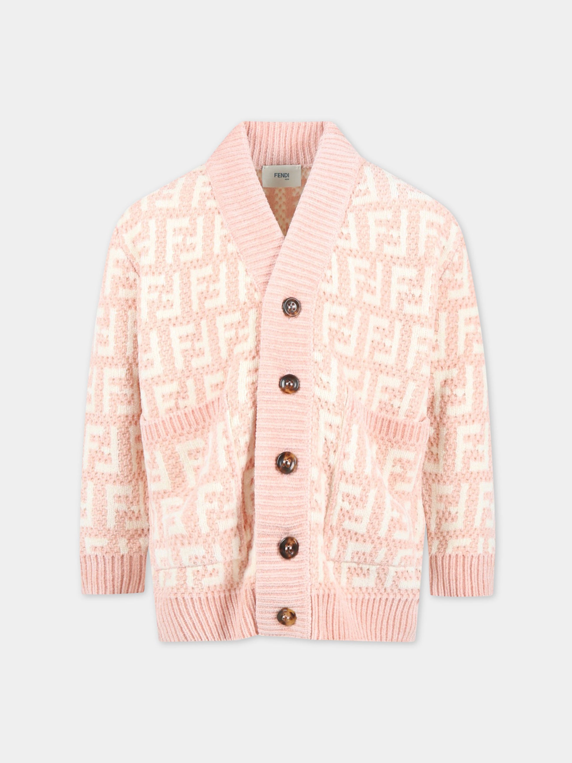 Cardigan rosa per bambina con FF bianche,Fendi Kids,JUG042 AMHA F1JDB