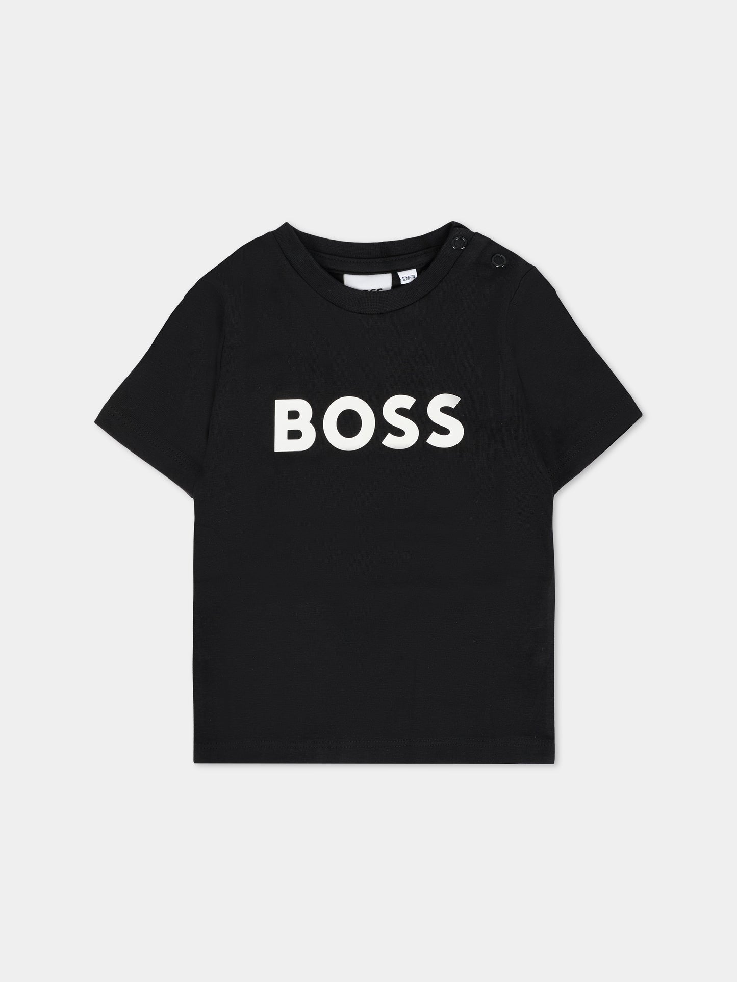 T-shirt nera per neonato con logo bianco,Boss,J05P12 09B