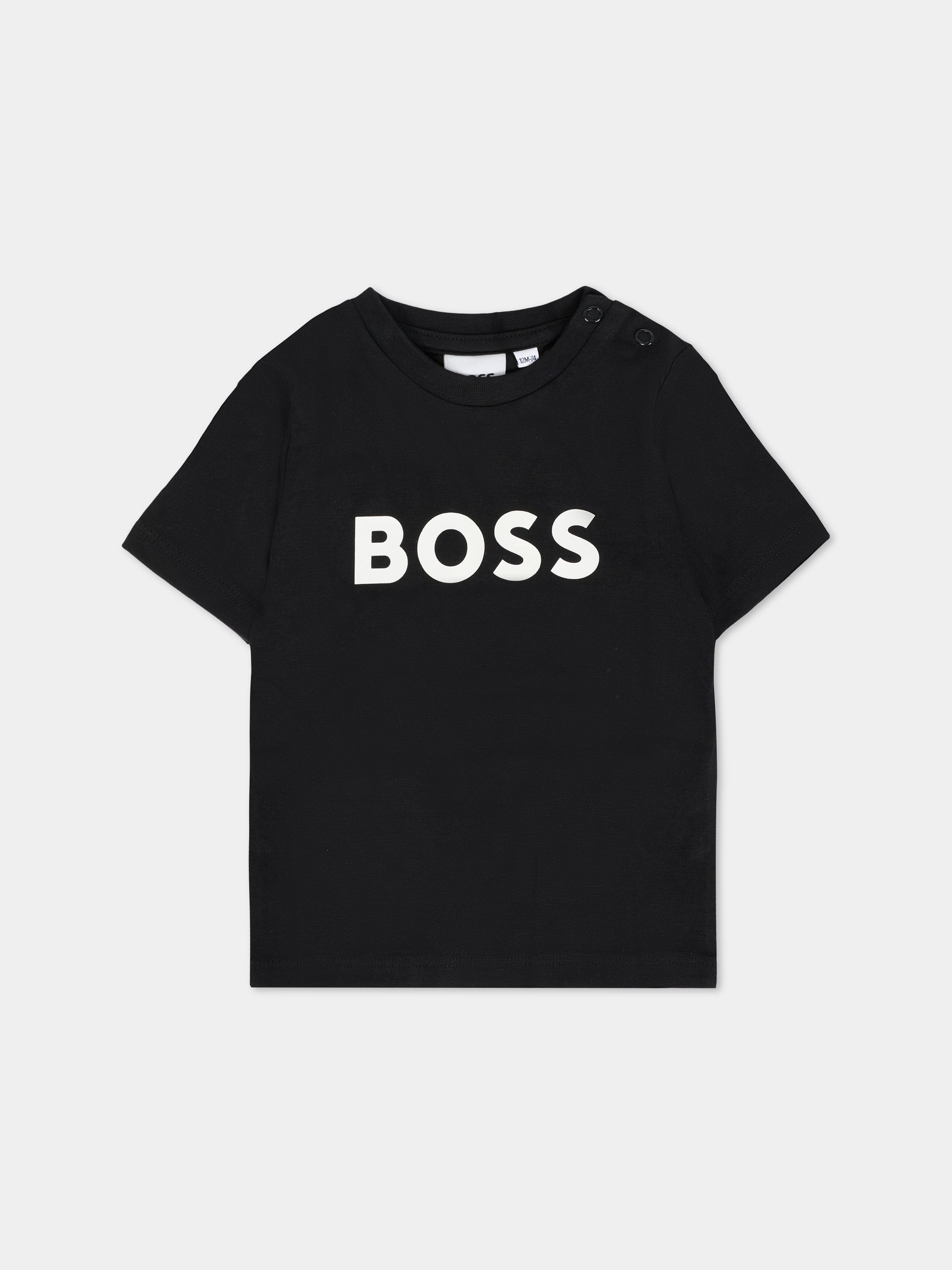 T-shirt nera per neonato con logo bianco,Boss,J05P12 09B