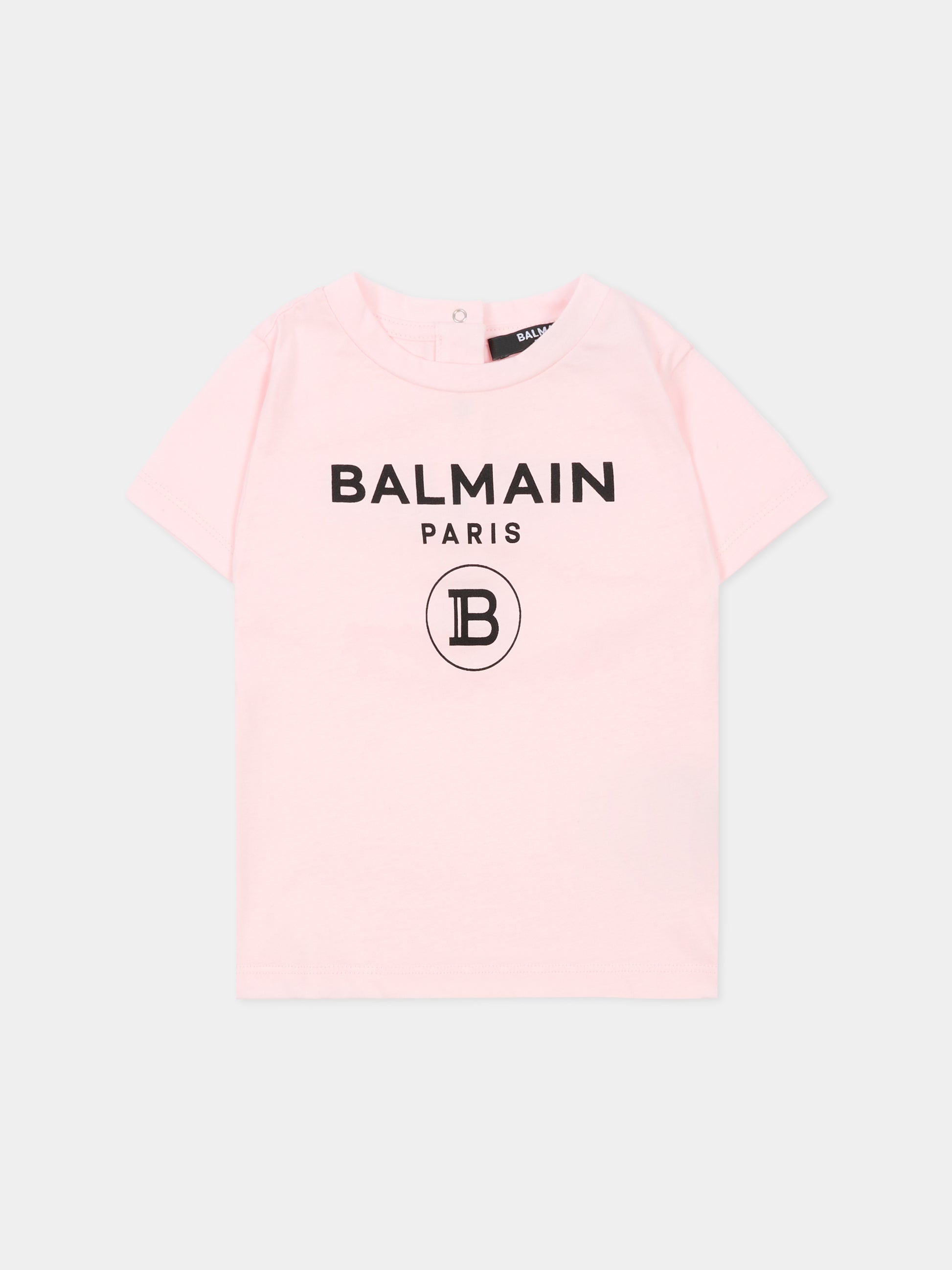 T-shirt rosa per neonata con loghi neri,Balmain Kids,6R8621 Z0112 539NE
