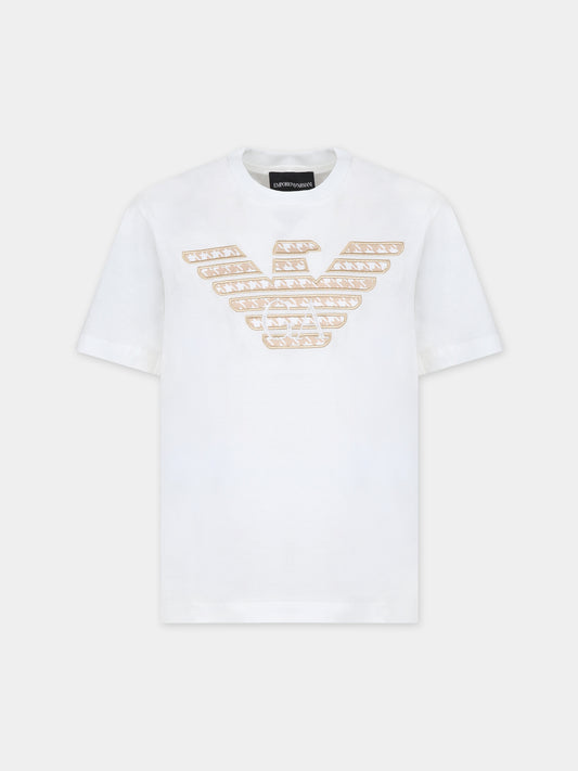 T-shirt bianca per bambino con aquilotto e logo,Armani Junior,6R4TJU 1JPZZ 0122