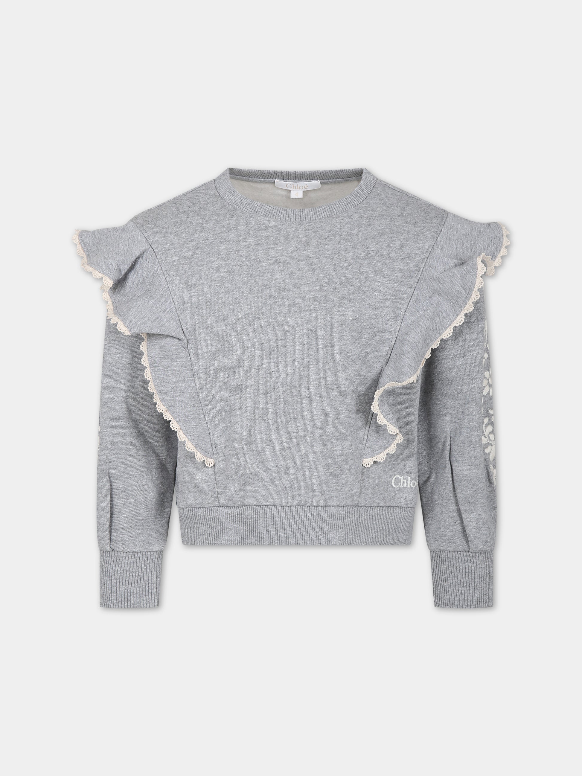 Felpa grigia con ricami per bambina,Chloé Kids,C15E25 A38