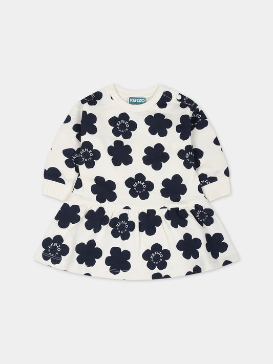 Vestito bianco per neonata con logo e fiori,Kenzo Kids,K02107 12P