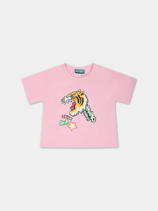 T-shirt rosa per neonata con tigre e logo,Kenzo Kids,K05505 456