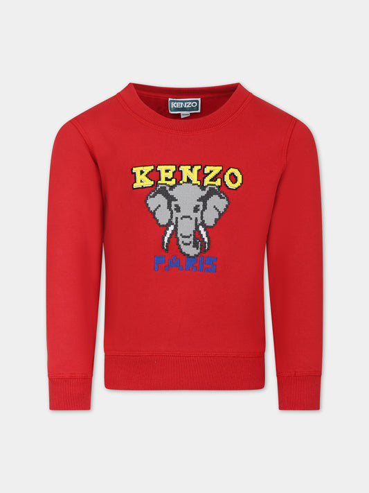 Felpa rossa per bambini con elefante e logo,Kenzo Kids,K25849 978