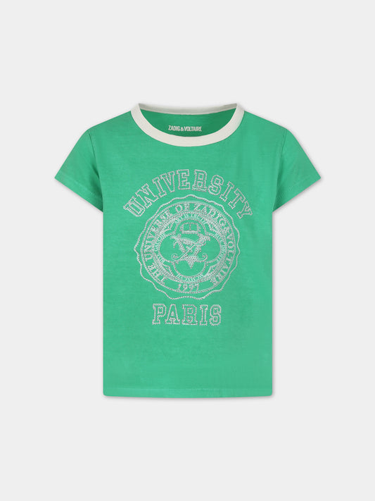 T-shirt verde con strass per bambina,Zadig & Voltaire Kids,X15422 613