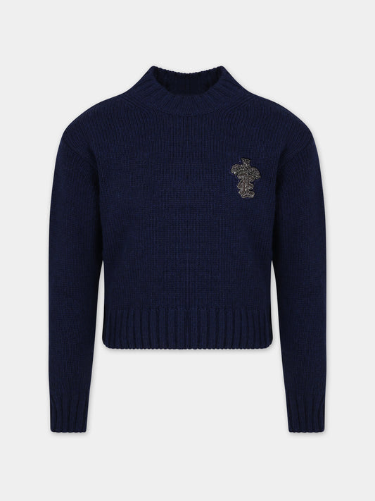 Maglione blu per bambina con logo,Ermanno Scervino Junior,SFMA001 C FL194 4081