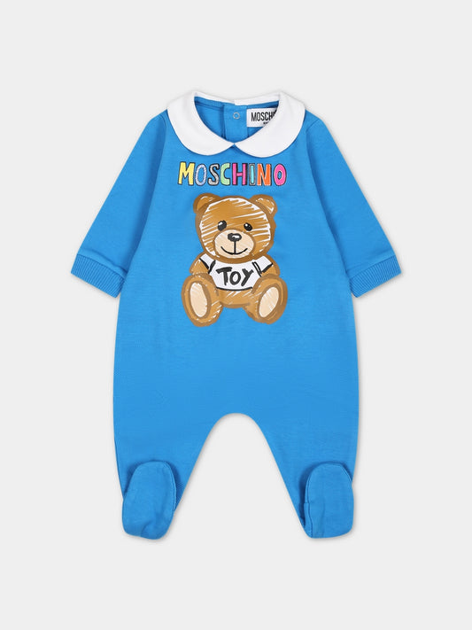 Tutina azzurra per neonato con Teddy Bear e logo,Moschino Kids,MVY037 LCA64 41017