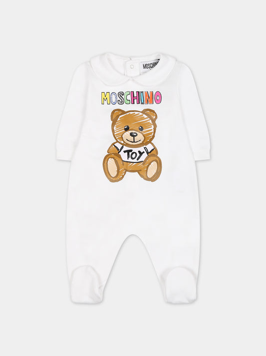 Tutina bianca per neonata con Teddy Bear e logo,Moschino Kids,MVY037 LCA64 10101