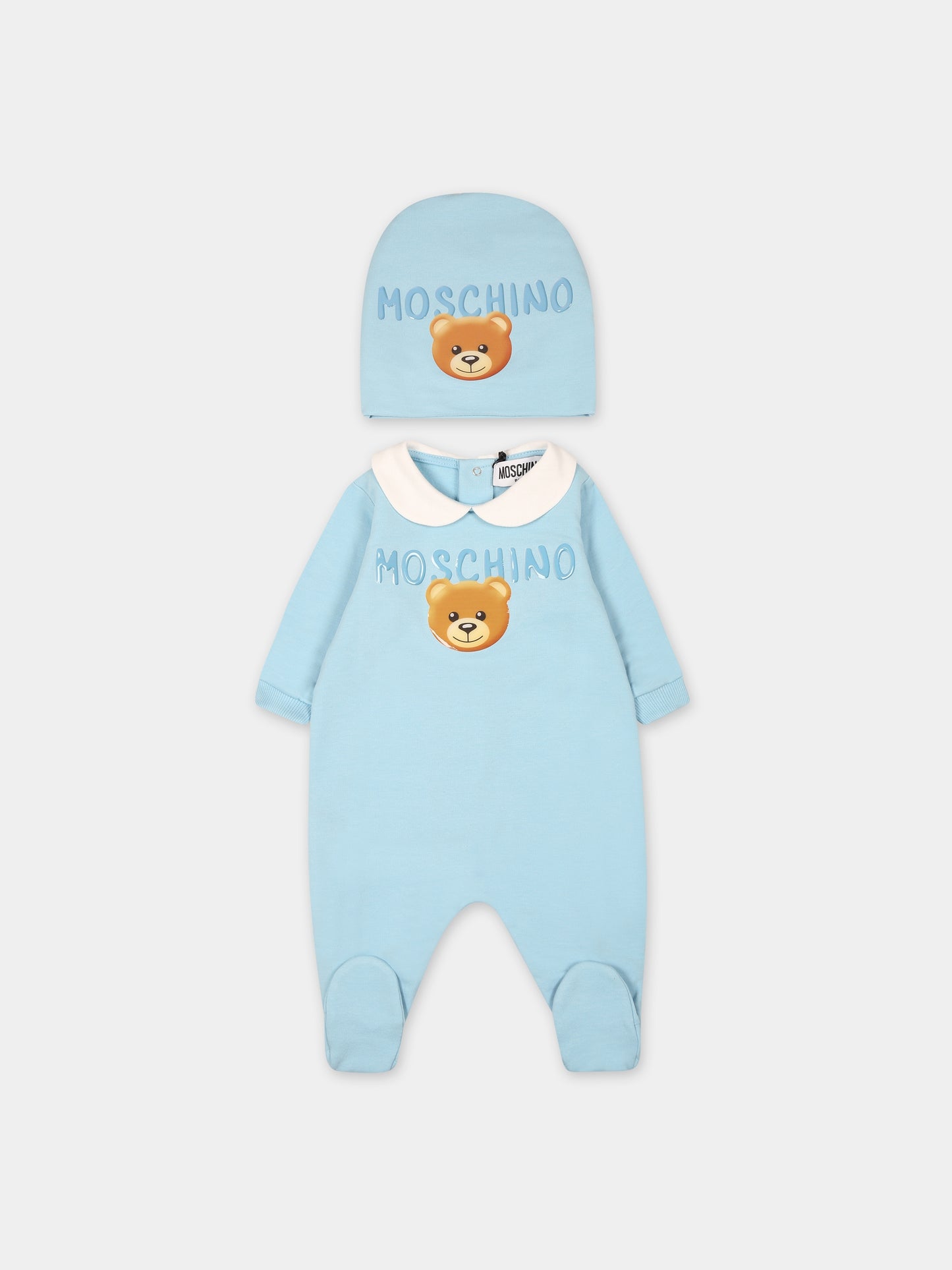 Set celeste per neonato con Teddy bear e logo,Moschino Kids,MOY026 LDA17 40304