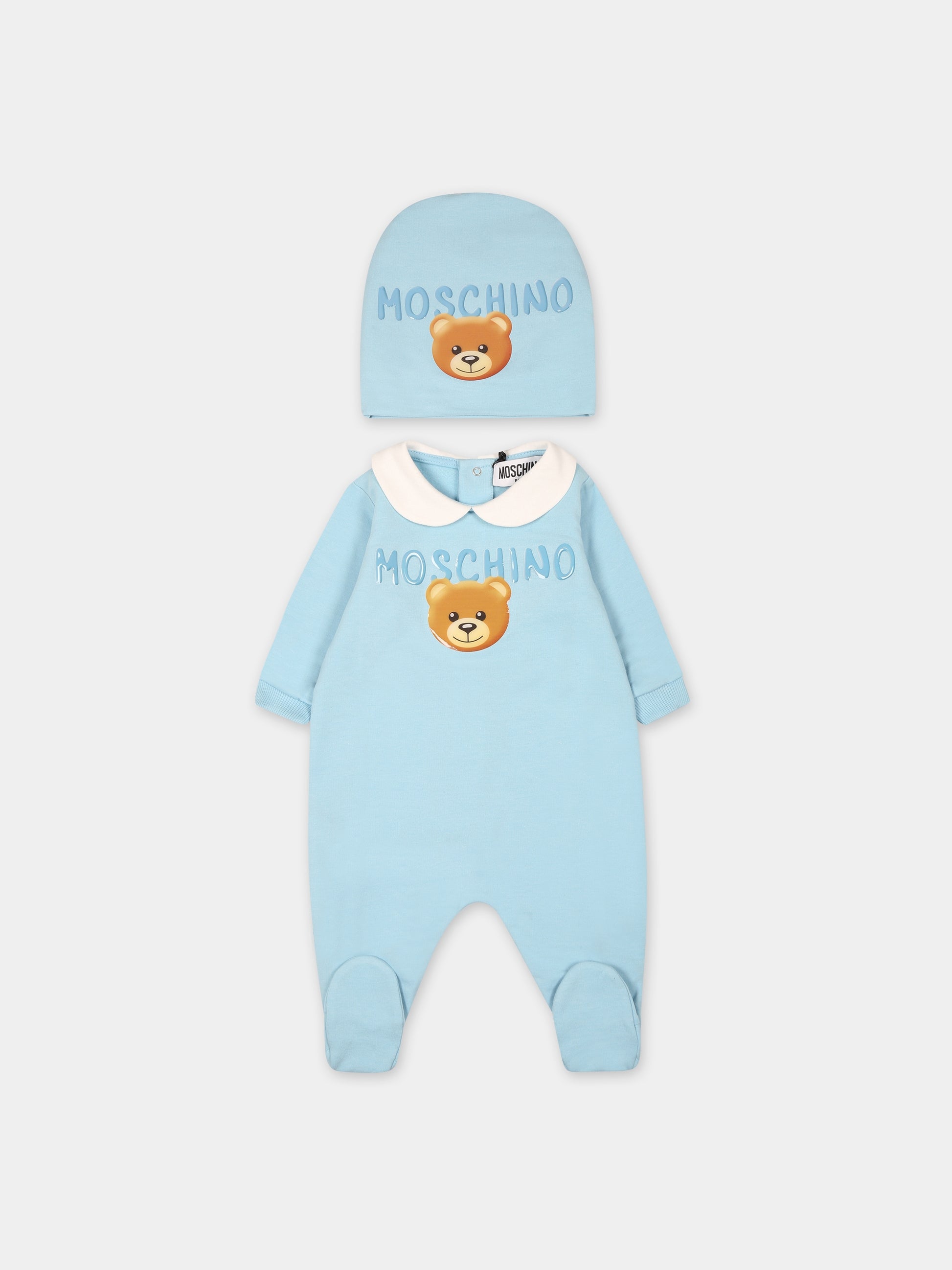 Set celeste per neonato con Teddy bear e logo,Moschino Kids,MOY026 LDA17 40304