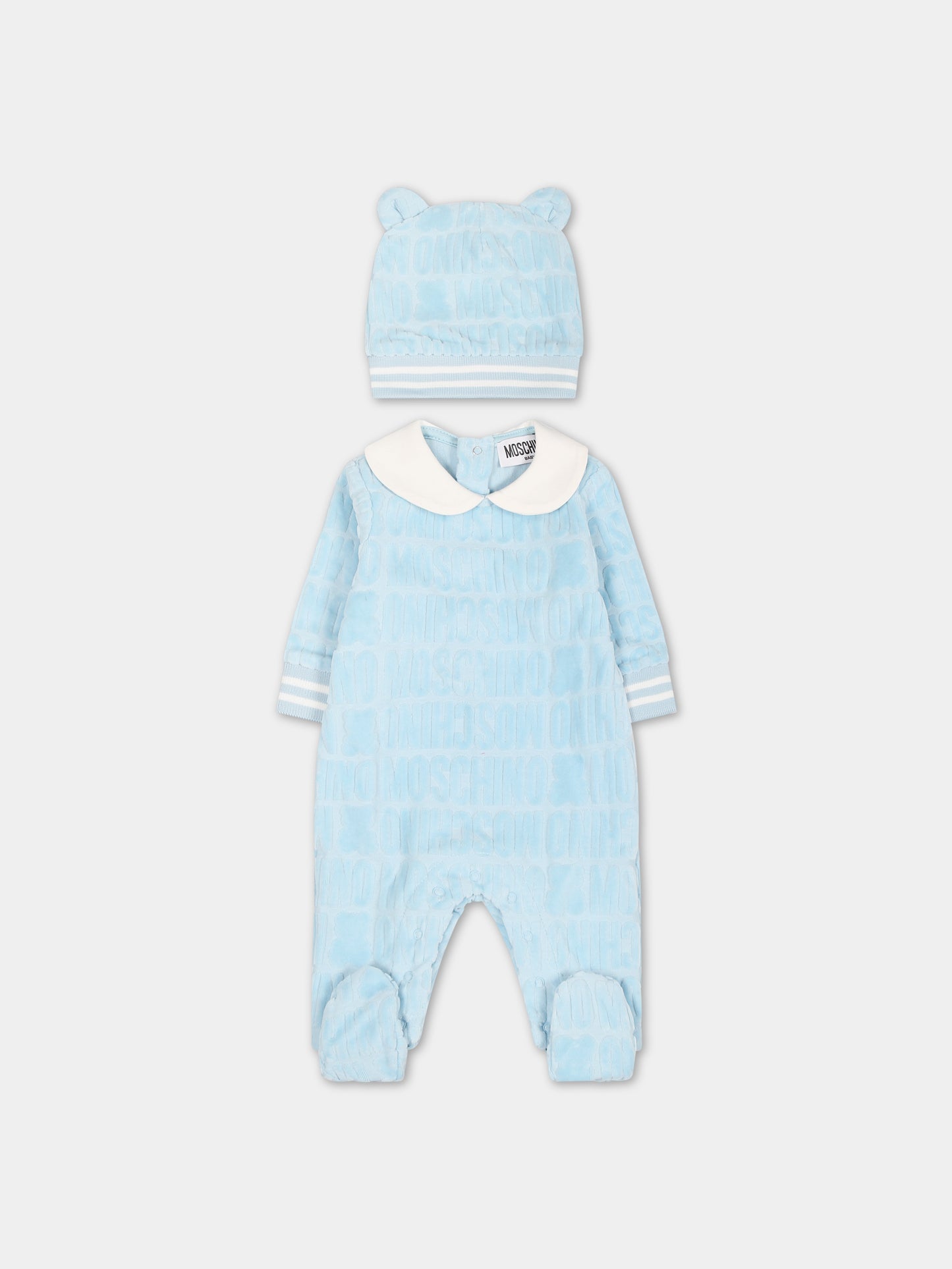 Completo celeste per neonato con logo,Moschino Kids,MUY05H LGB10 40304