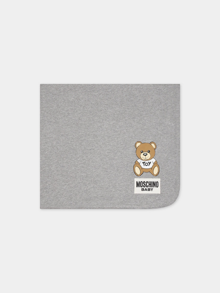 Coperta grigia per neonati con Teddy Bear e logo,Moschino Kids,MXB005 LCB38 60901