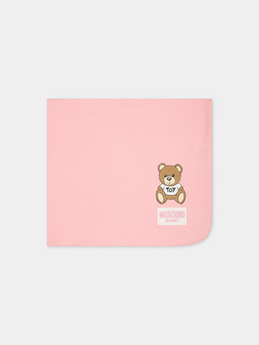 Coperta rosa per neonata con Teddy Bear e logo,Moschino Kids,MXB005 LCB38 83438