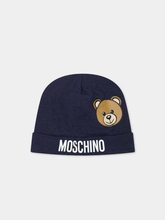 Cappello blu per neonati con Teddy Bear e logo,Moschino Kids,MUX04H LDA17 40016