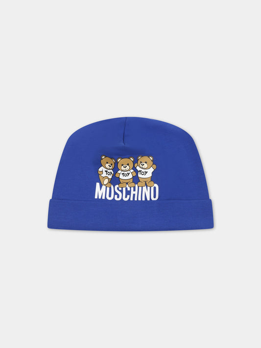 Cappello azzurro per neonato con Teddy Bears e logo,Moschino Kids,MZX031 LDA16 40457