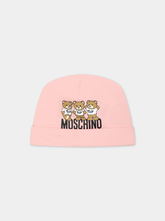 Cappello rosa per neonata con Teddy Bears e logo,Moschino Kids,MZX031 LDA16 50209