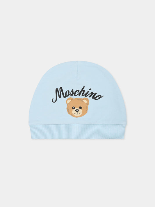 Berretto celeste per neonato con Teddy Bear e logo,Moschino Kids,MPX035 LDA55 40304