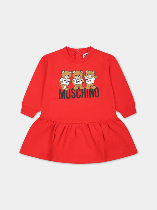 Vestito rosso per neonata con Teddy Bears e logo,Moschino Kids,MAV09V LCA60 50109