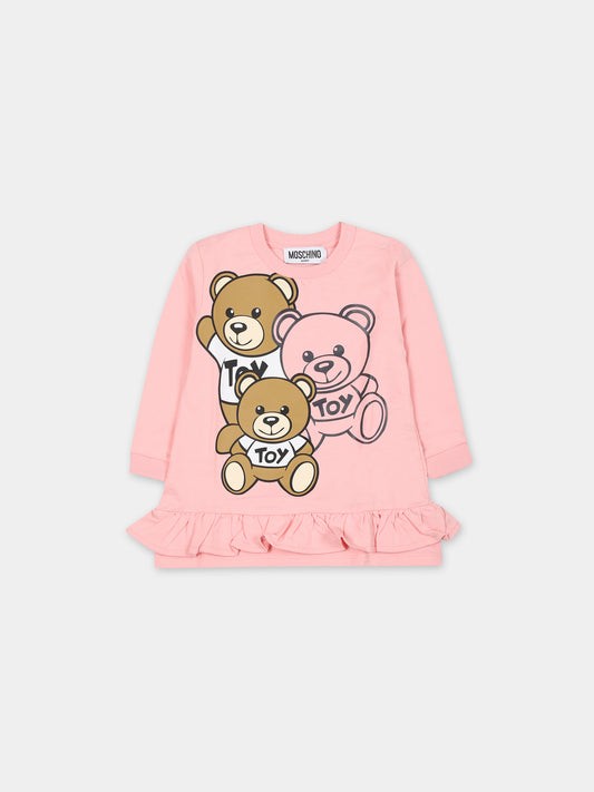 Vestito rosa per neonata con Teddy Bears,Moschino Kids,MDV0AX LCA58 50209