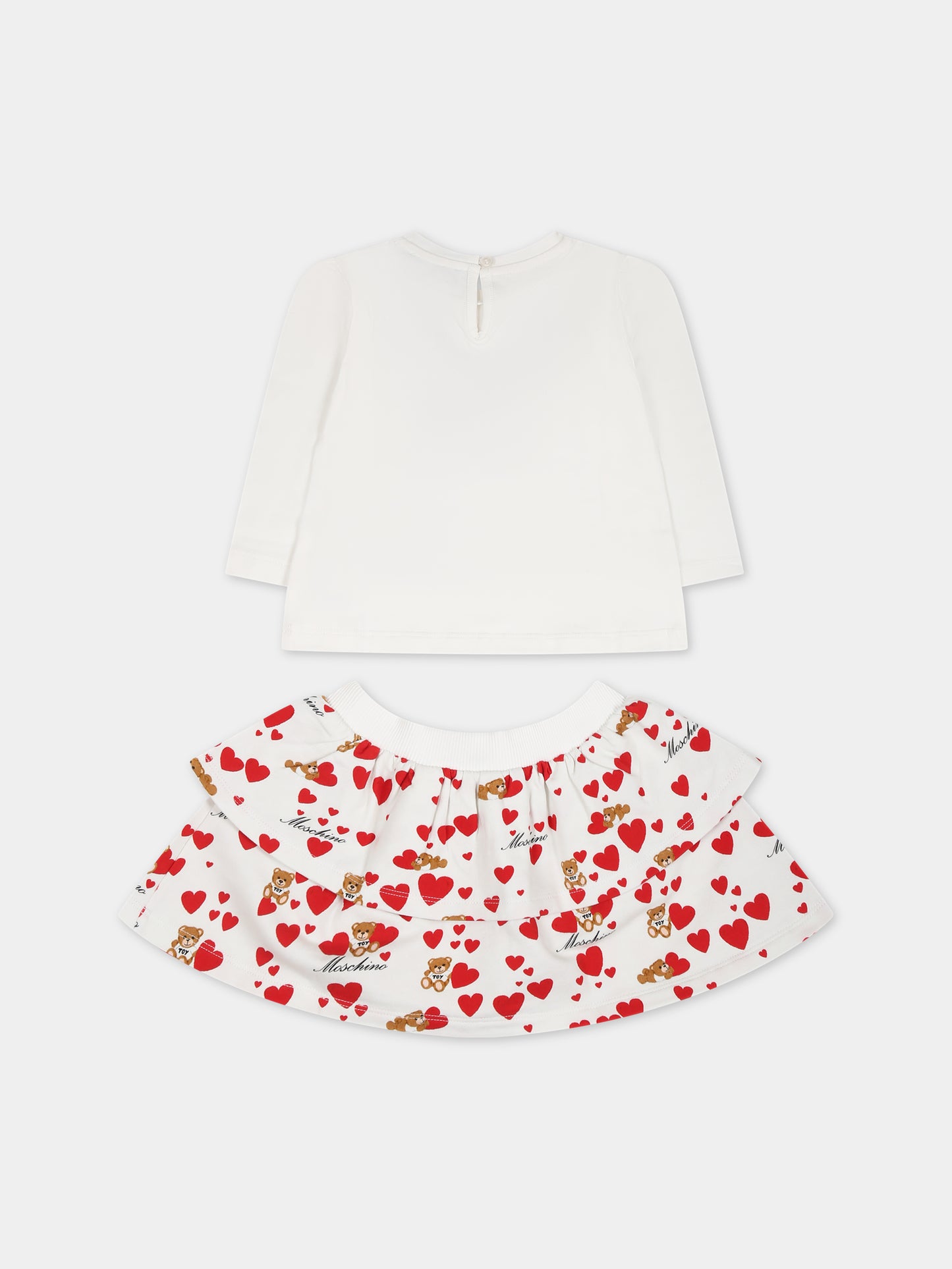 Completo bianco per neonata con Teddy Bear e cuori,Moschino Kids,MDK02J LDB9B 82237