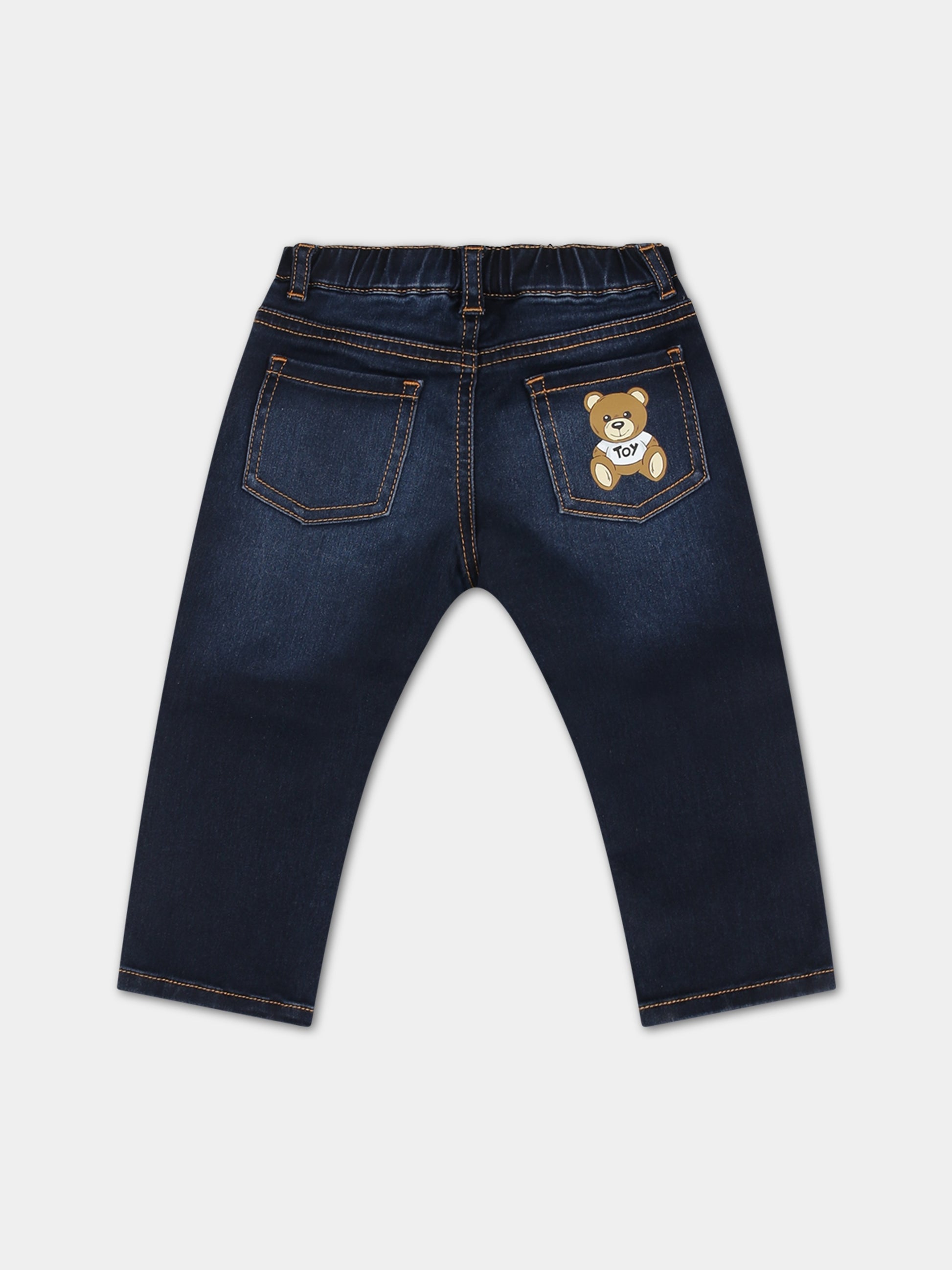 Jeans blu per neonato con Teddy Bear e logo,Moschino Kids,MQP038 LXE49 40290