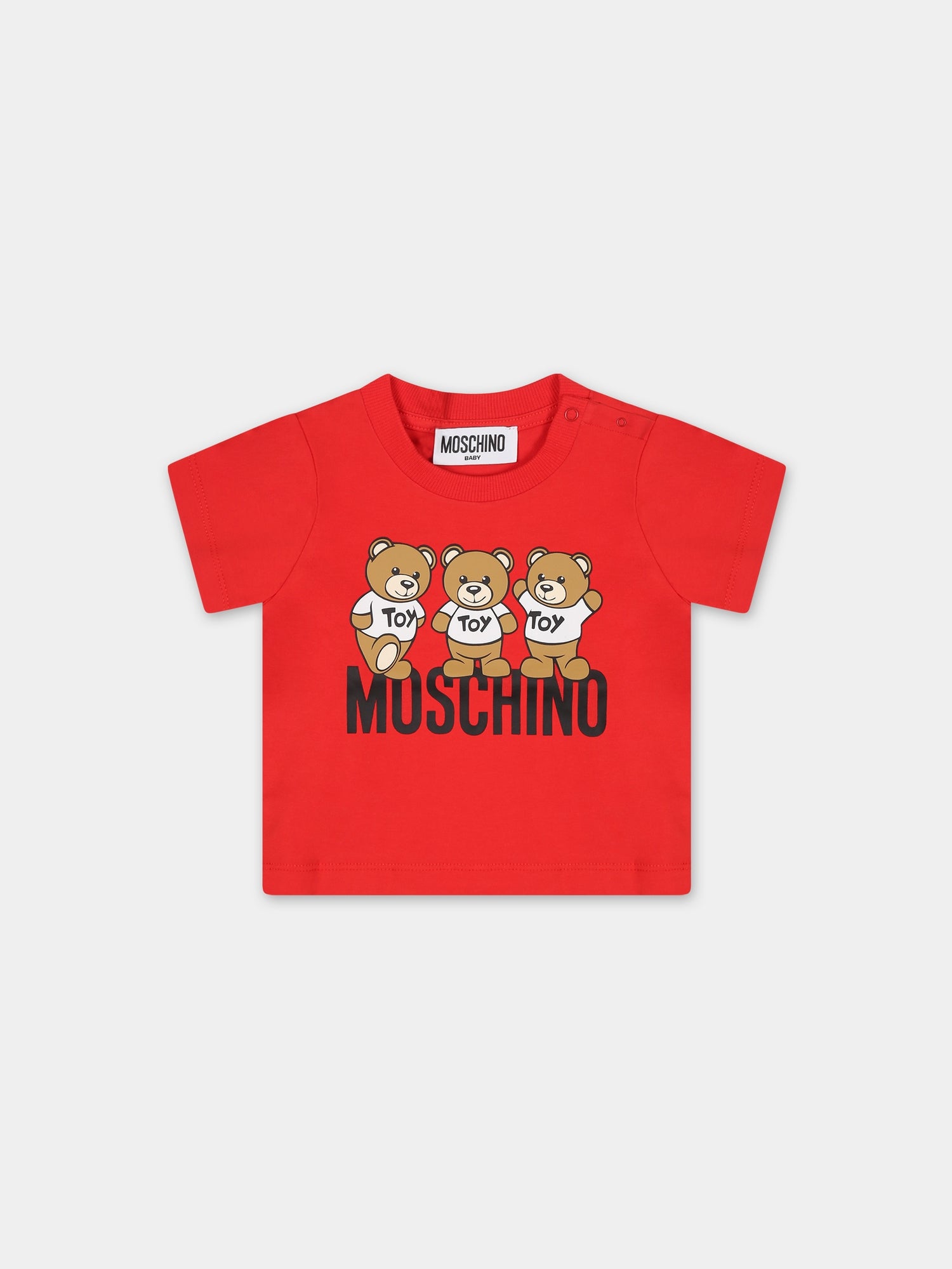 T-shirt rossa per neonati con Teddy Bears e logo,Moschino Kids,MUM03N LAA10 50109