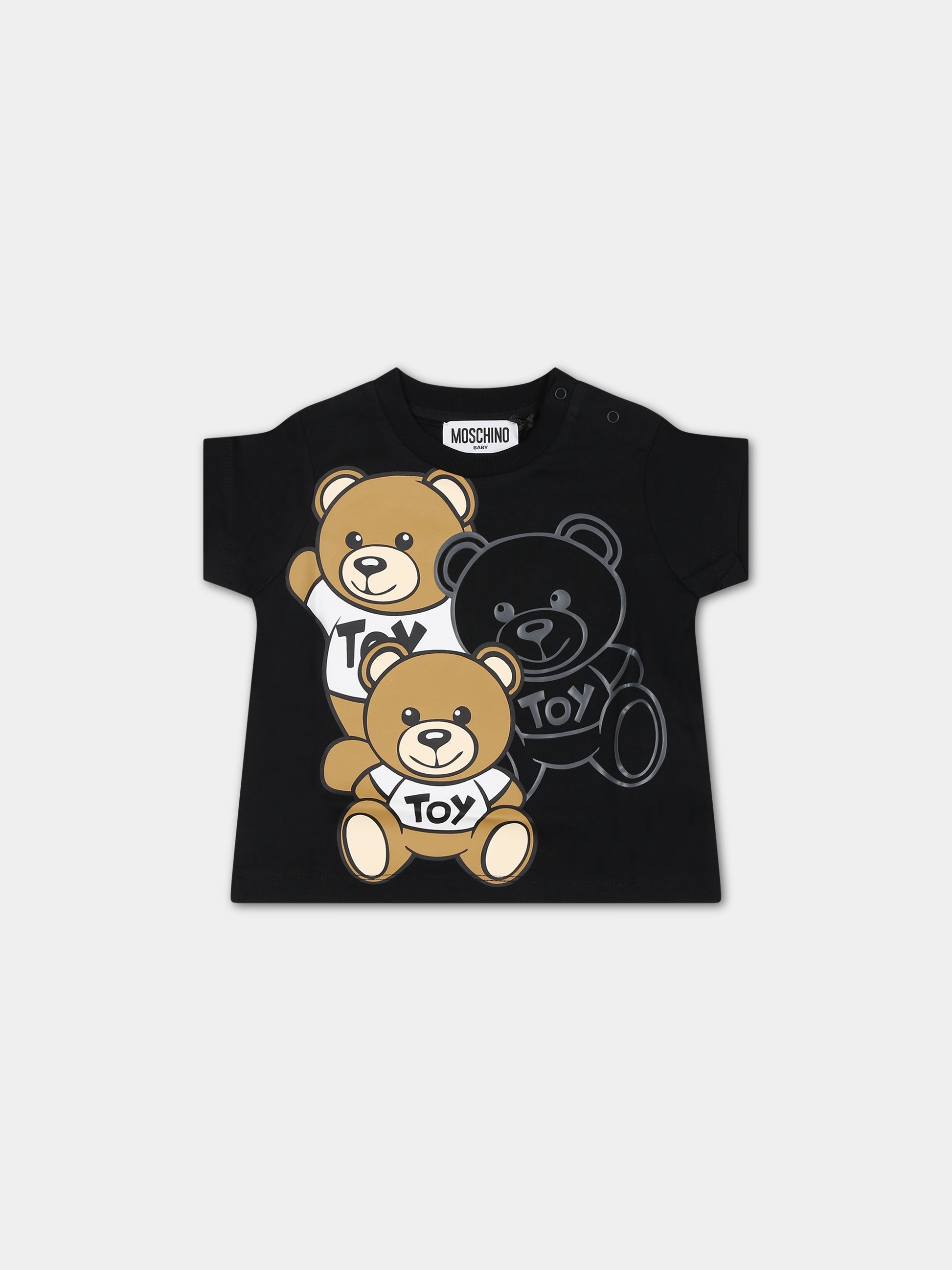 T-shirt nera per neonato con Teddy Bears,Moschino Kids,MPM032 LAA20 60100