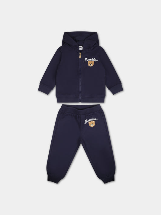 Completo blu per neonato con Teddy bear e logo,Moschino Kids,MNK03N LDA55 40016