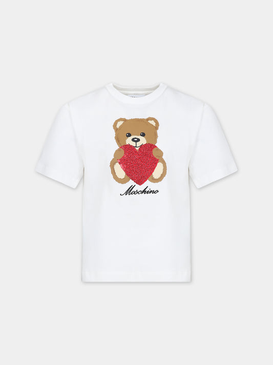 T-shirt bianca per bambina con Teddy Bear e logo,Moschino Kids,H4M02T LBA11 10063