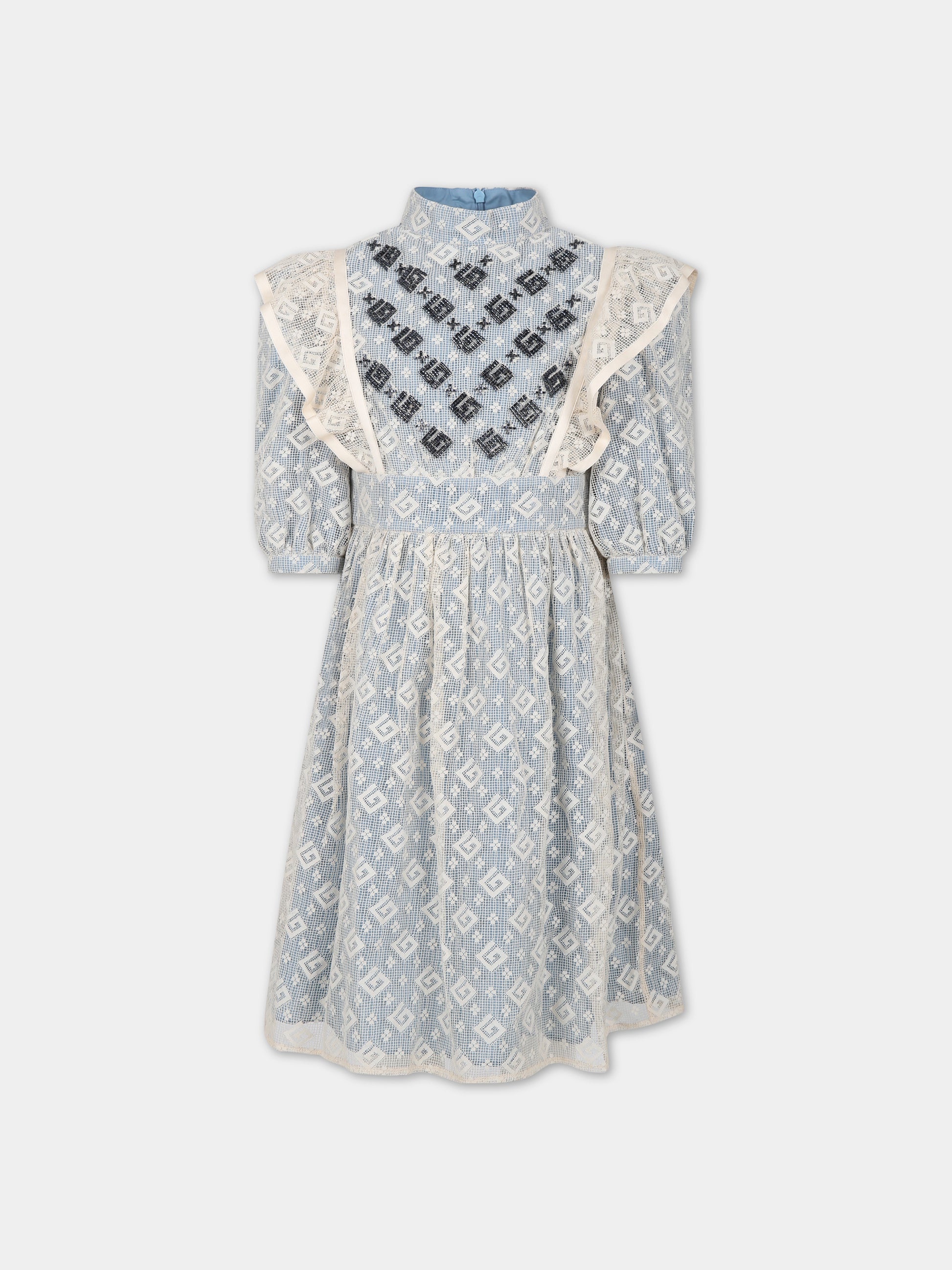 Vestito celeste per bambina con doppia G,Gucci Kids,741190 ZAN9U 9028