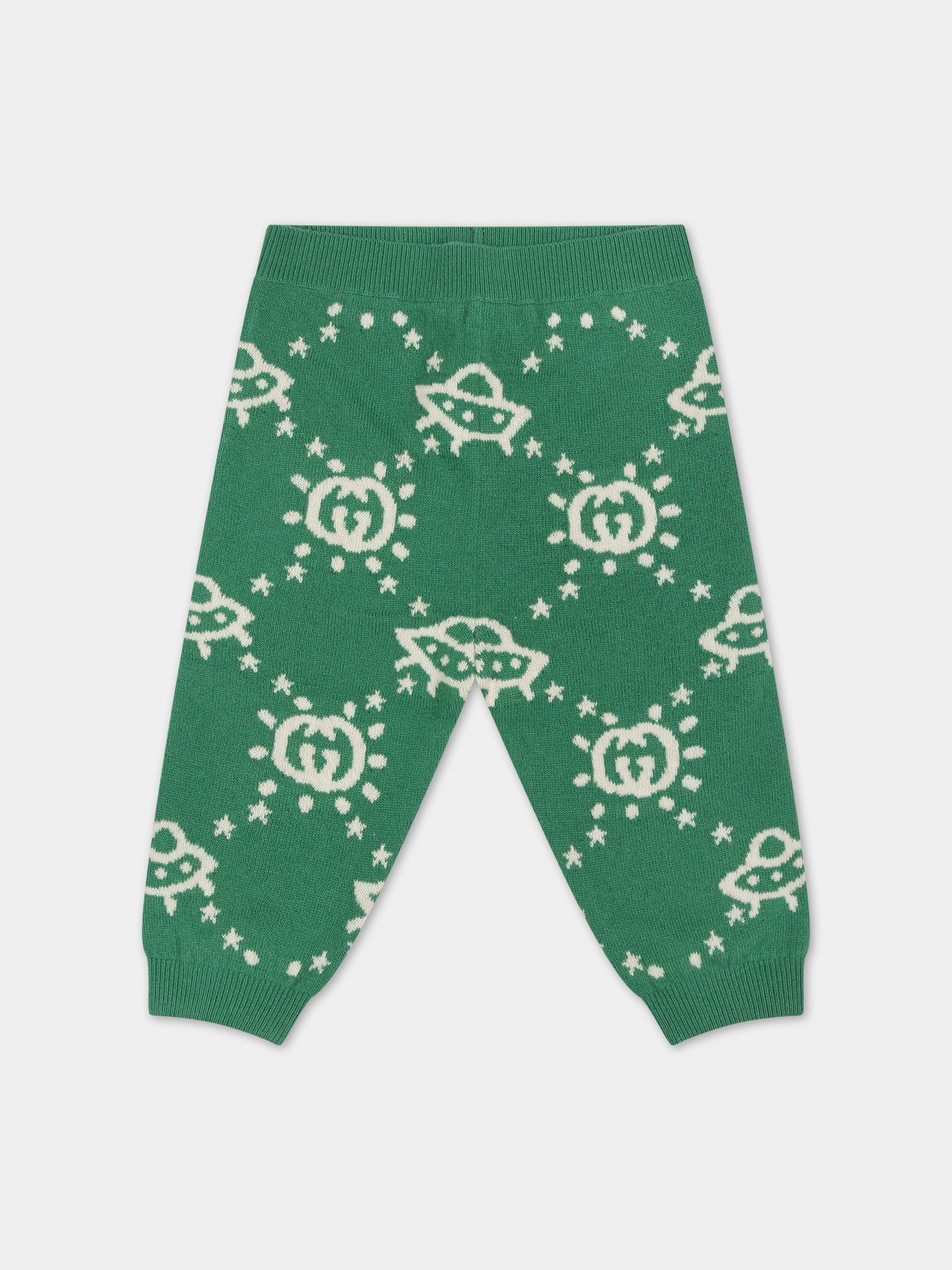 Pantaloni verdi con Ufo e GG per neonato,Gucci Kids,748121 XKDAD 3523