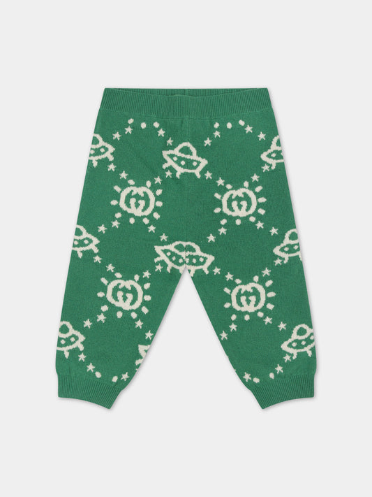 Pantaloni verdi con Ufo e GG per neonato,Gucci Kids,748121 XKDAD 3523
