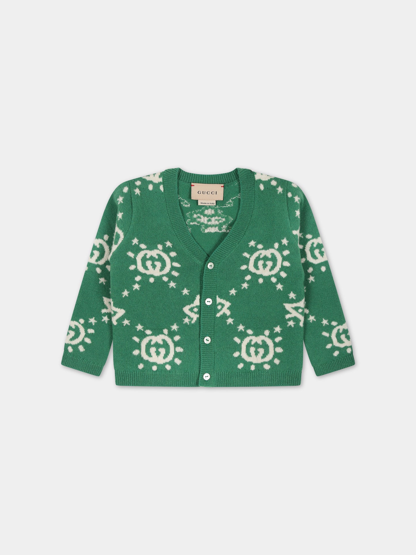 Cardigan verde con Ufo e GG per neonato,Gucci Kids,748122 XKDAD 3523