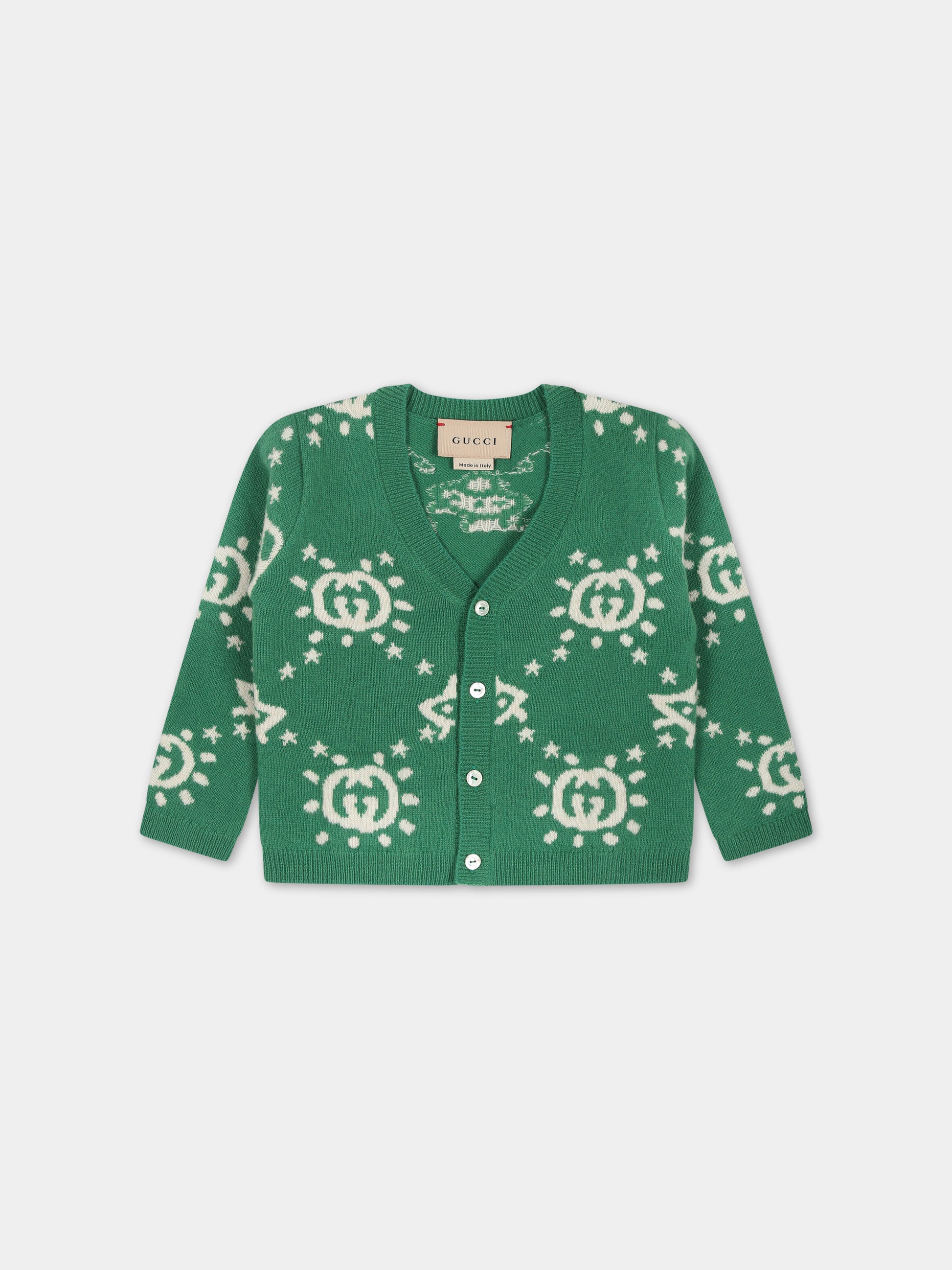 Cardigan verde con Ufo e GG per neonato,Gucci Kids,748122 XKDAD 3523