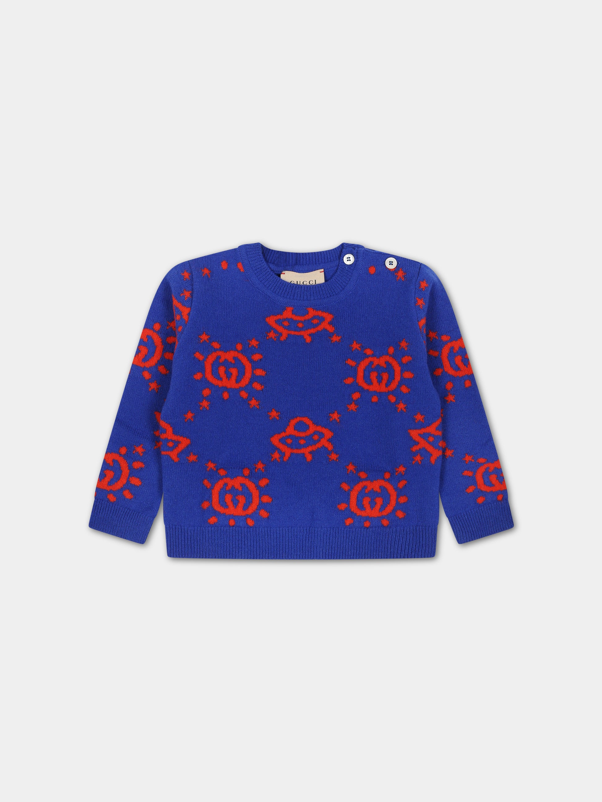 Maglione blu con Ufo e GG per neonato,Gucci Kids,748126 XKDAD 4661