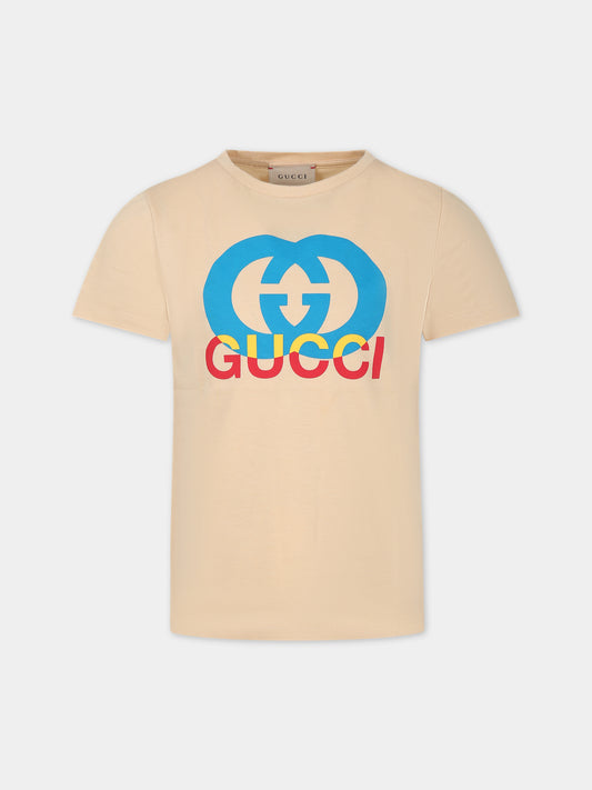 T-shirt avorio per bambini con stampa logo,Gucci Kids,547559 XJFMN 2361