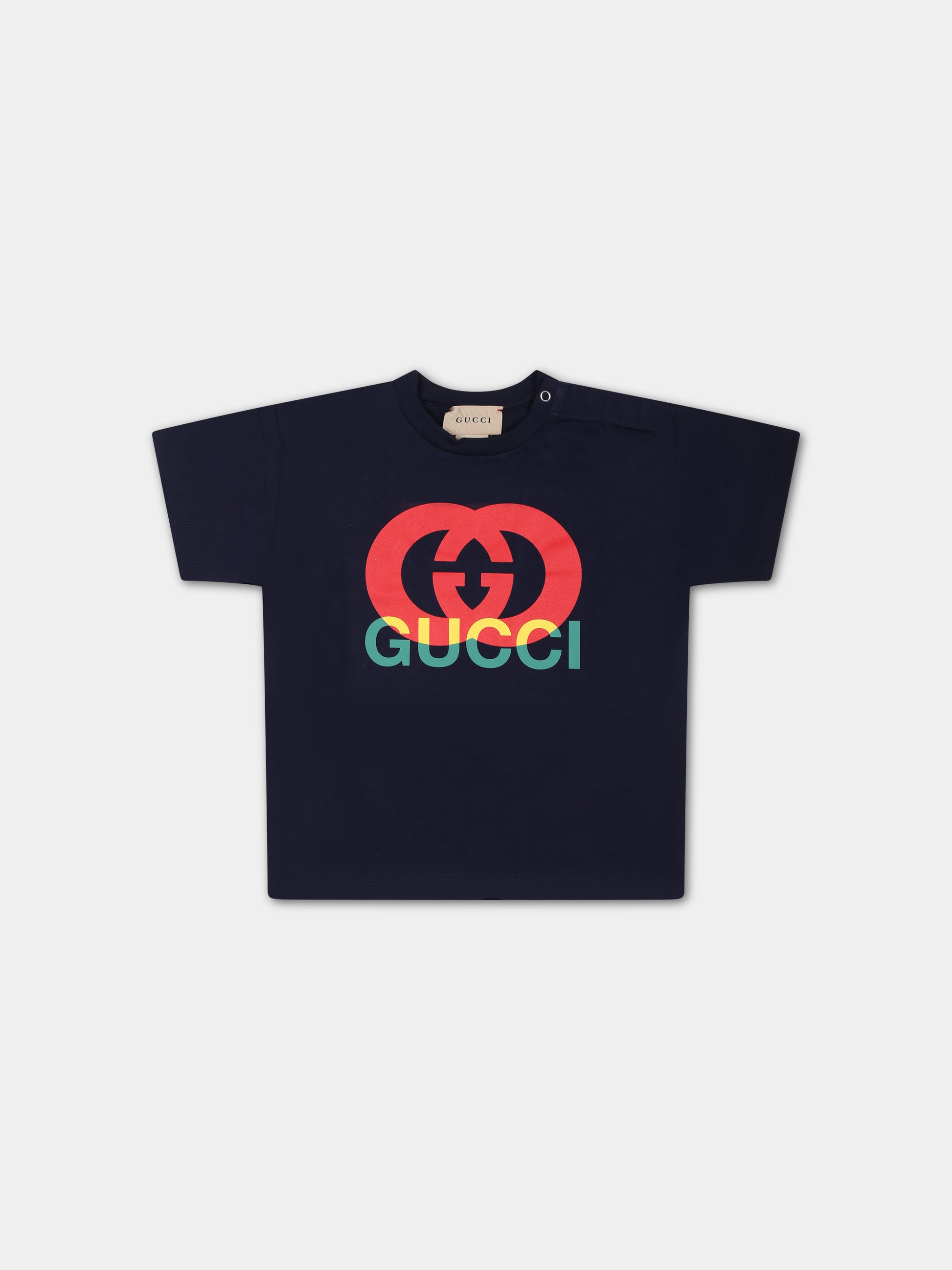 T-shirt blu per neonati con incrocio GG,Gucci Kids,576871 XJFMX 4585