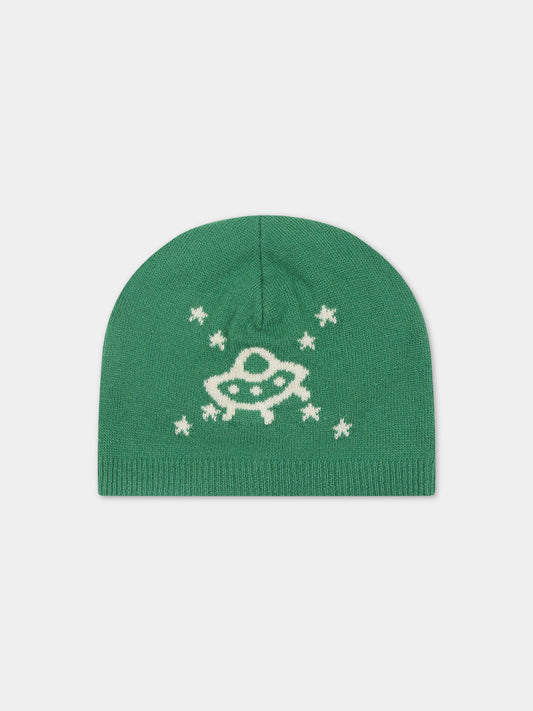 Berretto verde per neonato con incrocio GG e ufo,Gucci Kids,749513 3K206 3178