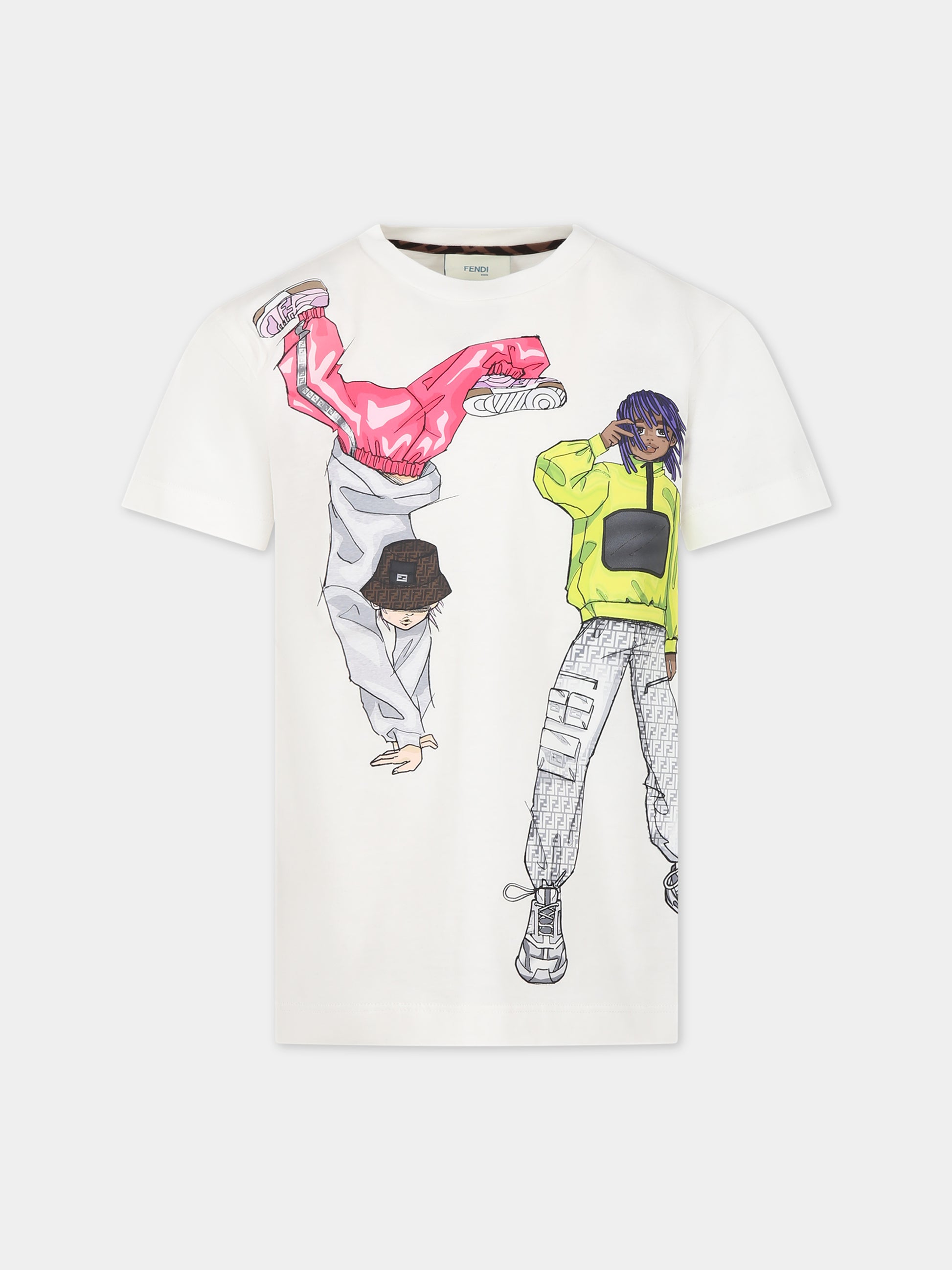 T-shirt bianca per bambino con stampa e doppia FF,Fendi Kids,JMI434 7AJ F0TU9