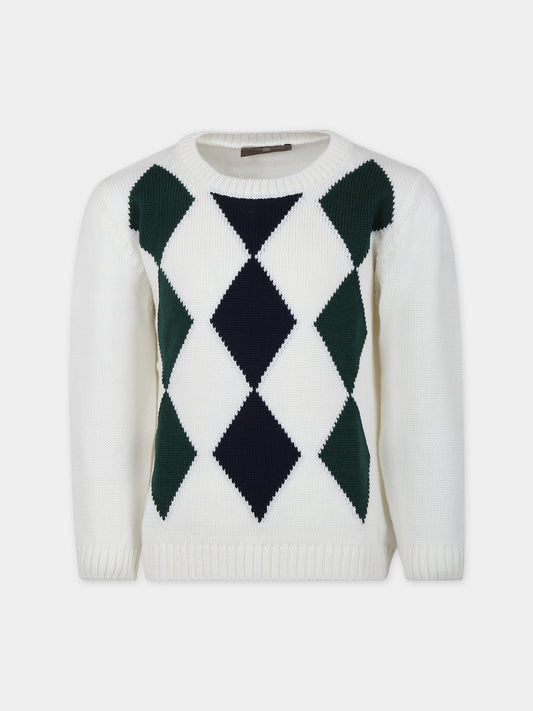 Maglione bianco per bambino con rombi,Little Bear,7154 LATTE