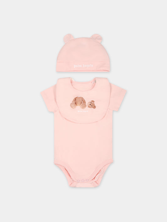 Set rosa per neonata con orso,Palm Angels,PG2X008F23JER0013360
