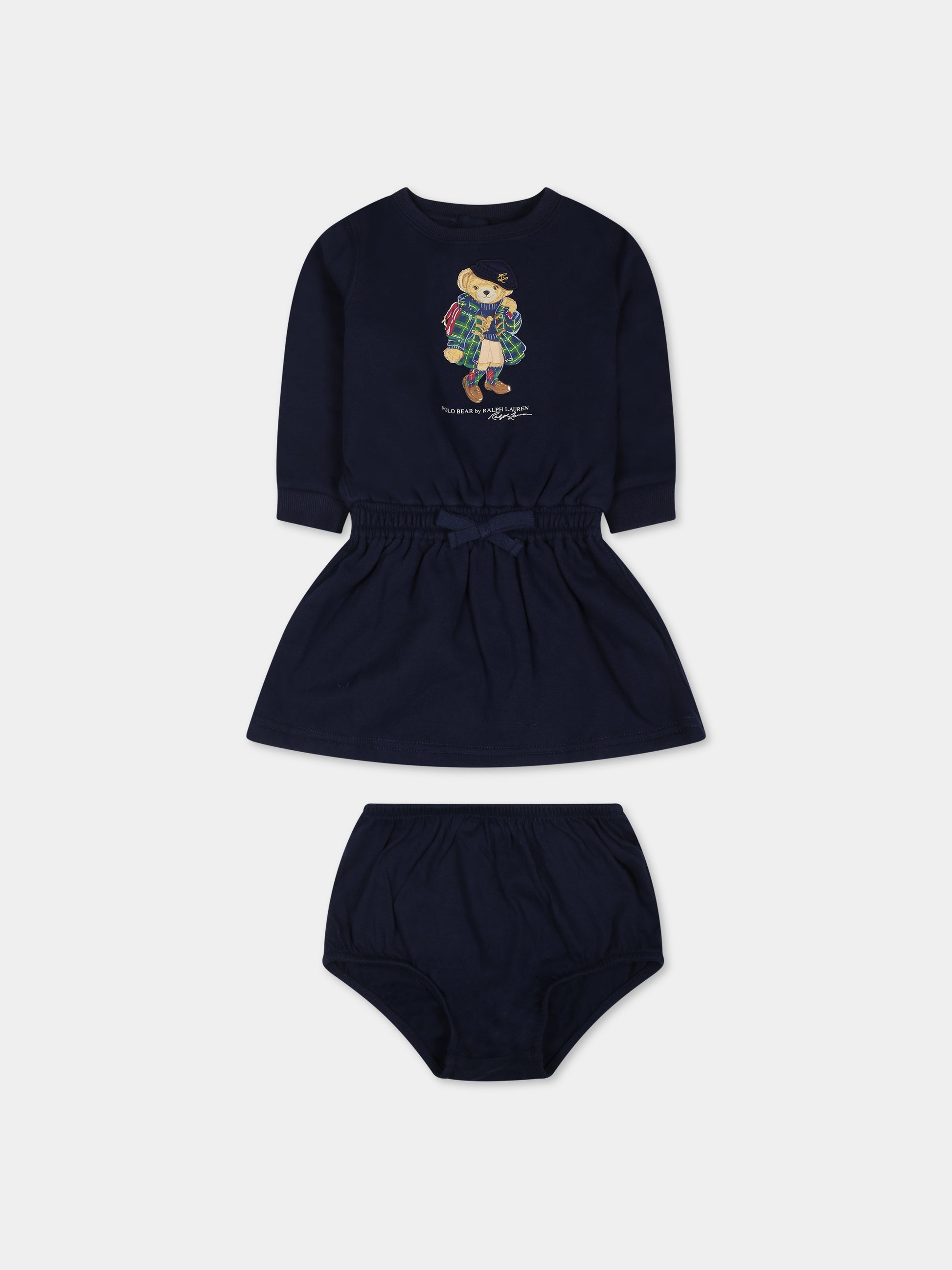 Vestito blu per neonata con orso e logo,Ralph Lauren Kids,916767002