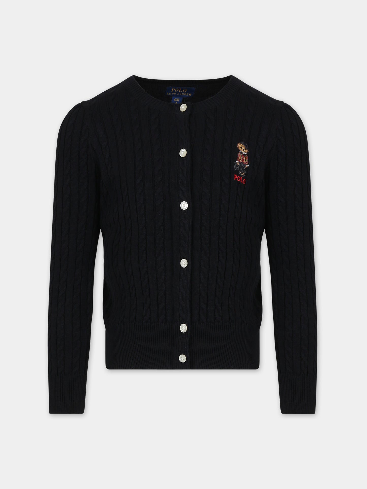 Cardigan blu per bambina con orso,Ralph Lauren Kids,919829002