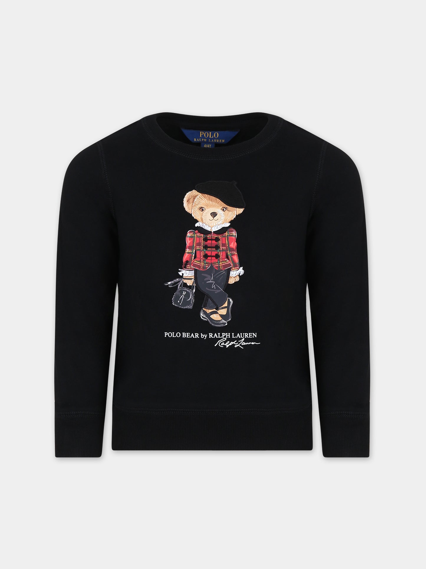 Felpa nera per bambina con orso e logo,Ralph Lauren Kids,920453001