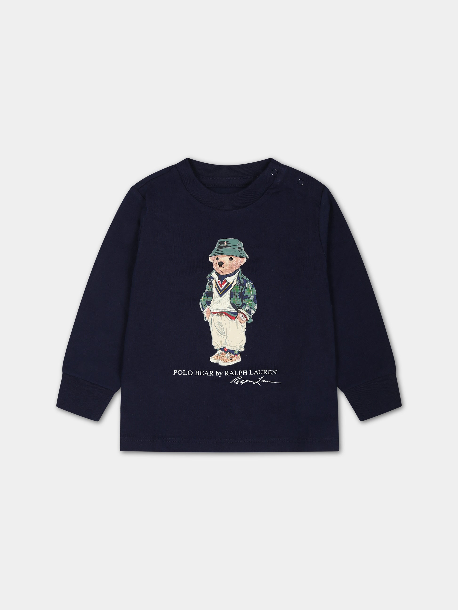 T-shirt blu per neonato con orso e logo,Ralph Lauren Kids,883620003