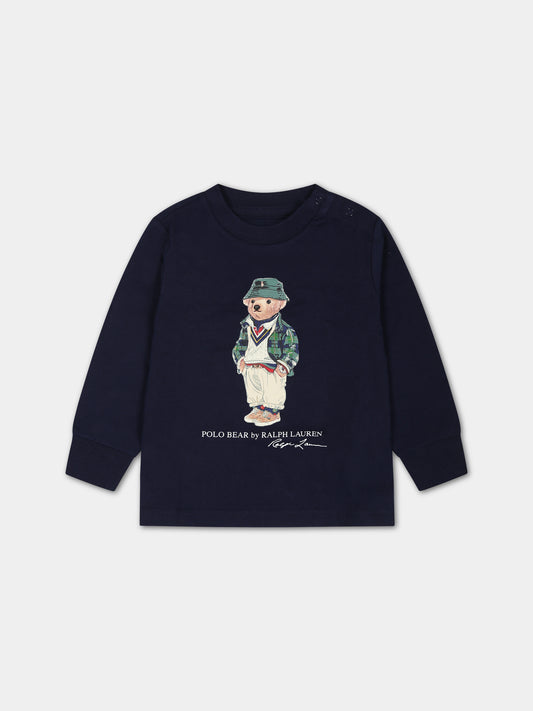 T-shirt blu per neonato con orso e logo,Ralph Lauren Kids,883620003